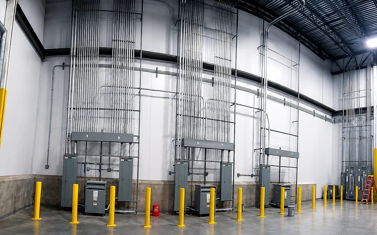 Panelboards and dry-type transformers set on housekeeping pads with vertical conduit riser banks in a warehouse electrical room