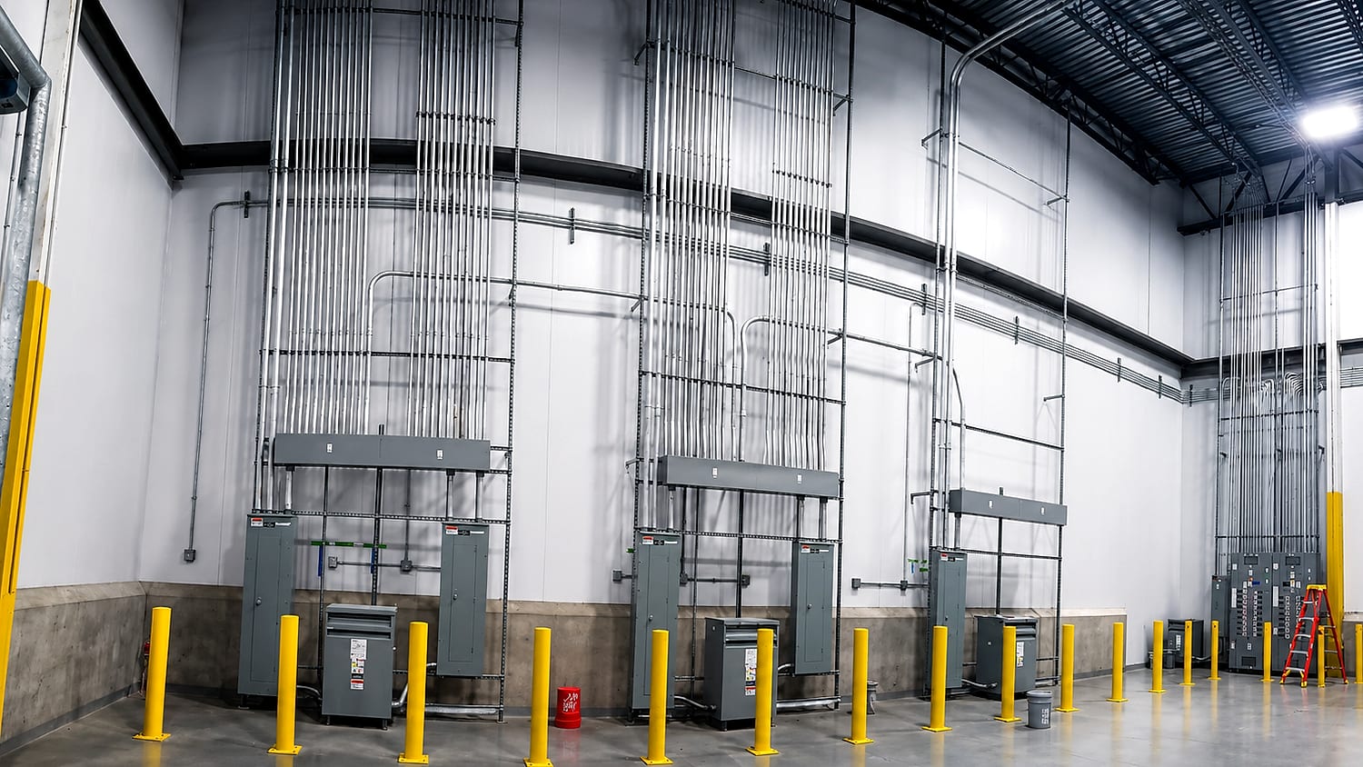 Industrial electrical room with multiple panelboard and transformer groups on housekeeping pads behind protective bollards, fed by banks of vertical conduit risers