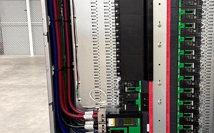 Open panelboard showing dressed feeder conductors, grounding bundle and a full column of branch breakers terminated in a mission-critical facility