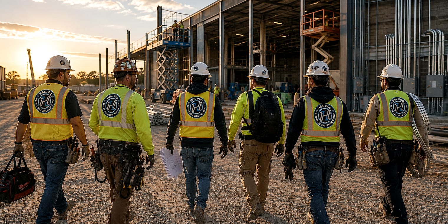 Construction crew walking toward an industrial jobsite at sunrise